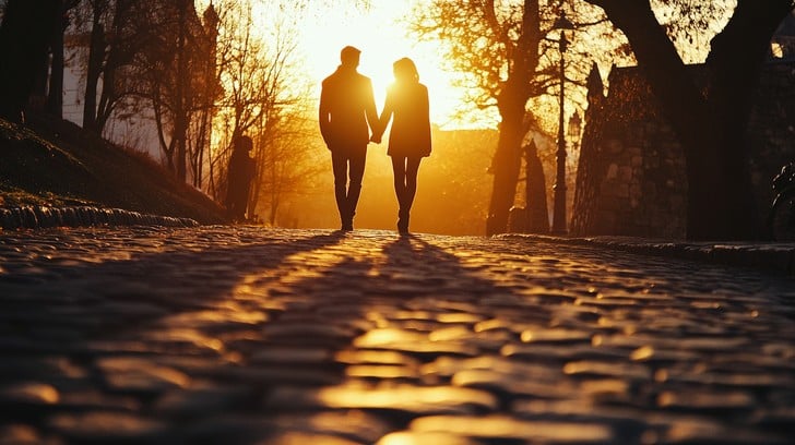 Paar geht gemeinsam einen Weg – Begleitung und Verbindung